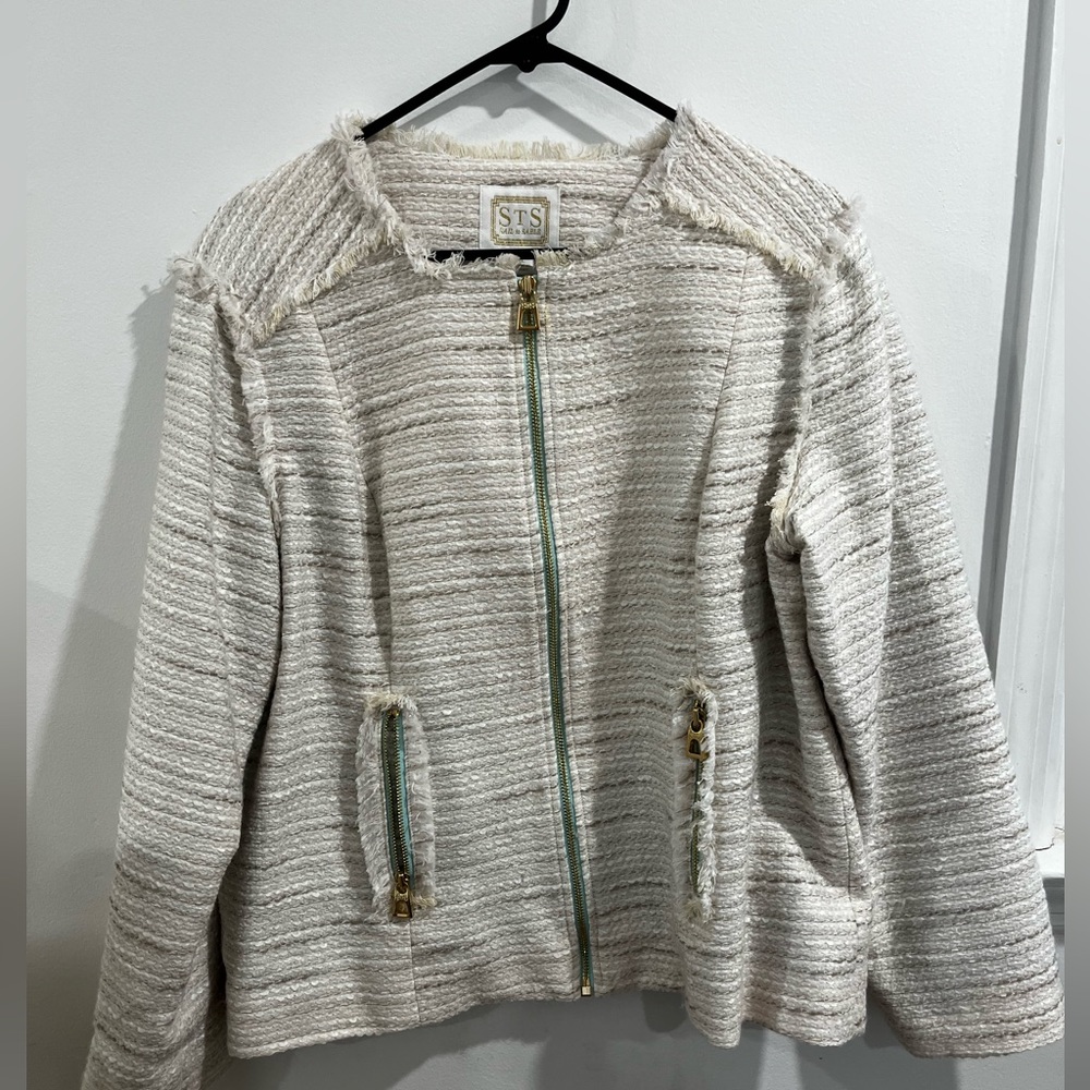 STS Sail To Sable Womens xl Cream Tweed Zip Front Waist Jacket